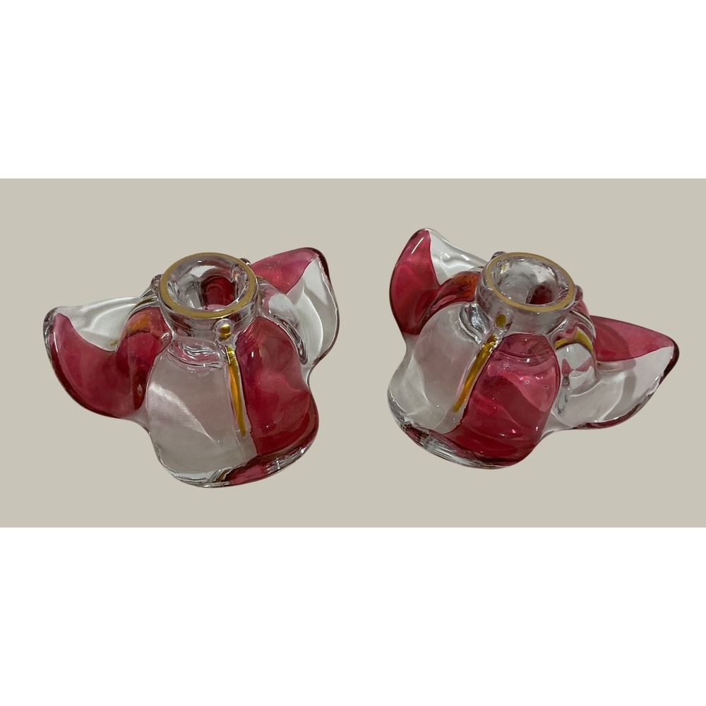 Vintage Chribska Josef Hospodka Czech Art Glass Candle Holder Cranberry Pink Set